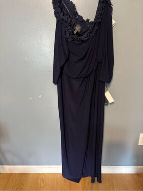 Adrianna Papell Navy Sleeveless Maxi Gown with Floral Applique